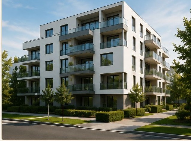 Modernes Mehrfamilienhaus mit gepflegter Grünanlage